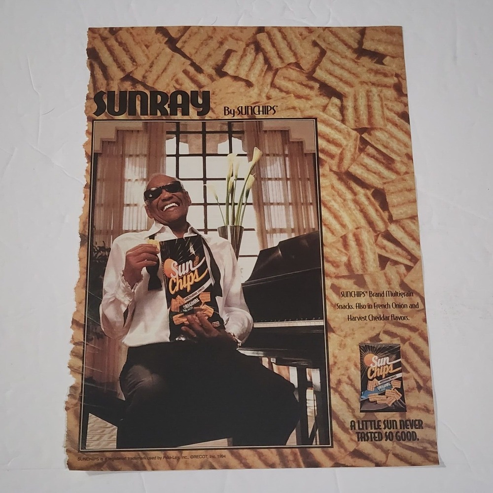 Vintage 1994 Ray Charles SunRay Sunchips Piano Print Ad Original Clipping 8x11